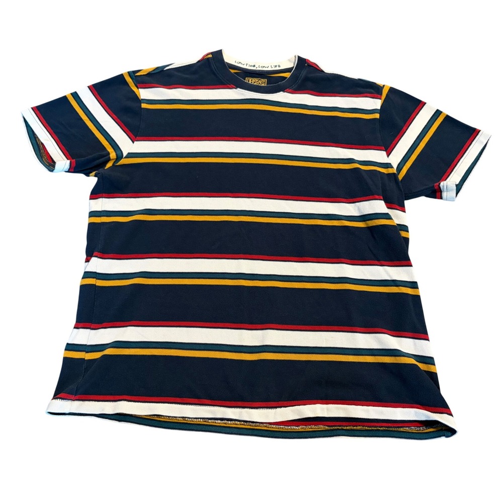 Dark Seas Mens XL Striped Knit Shirt Navy Blue Multi Color Low Tide Low Life Tee